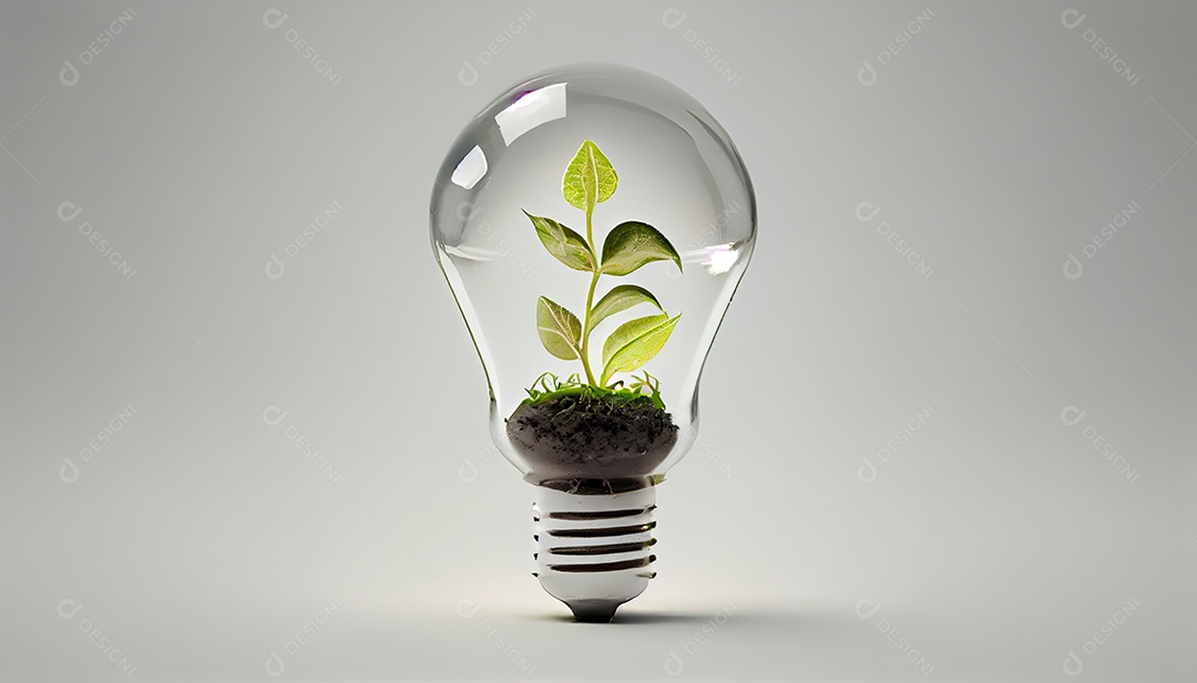 Lâmpada com broto dentro isolado em fundo branco Pequena planta crescendo dentro de uma lâmpada.