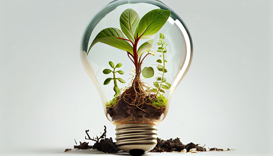 Lâmpada com broto dentro isolado em fundo branco Pequena planta crescendo dentro de uma lâmpada.