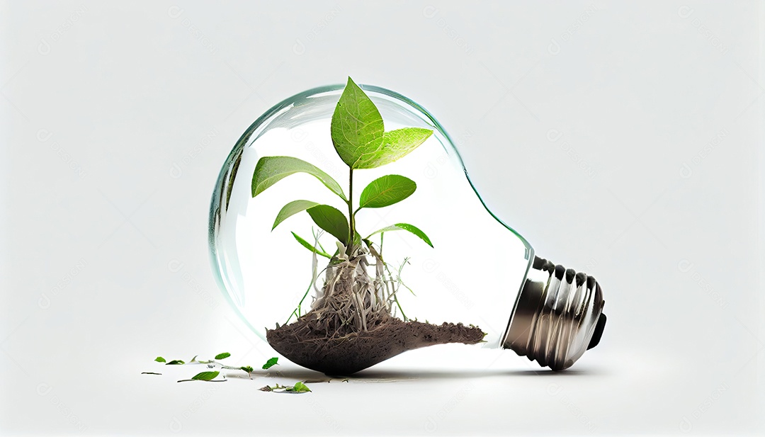 Lâmpada com broto dentro isolado em fundo branco Pequena planta crescendo dentro de uma lâmpada.