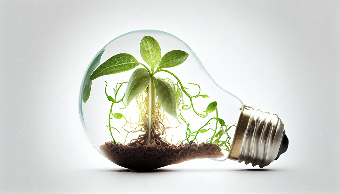 Lâmpada com broto dentro isolado em fundo branco Pequena planta crescendo dentro de uma lâmpada.