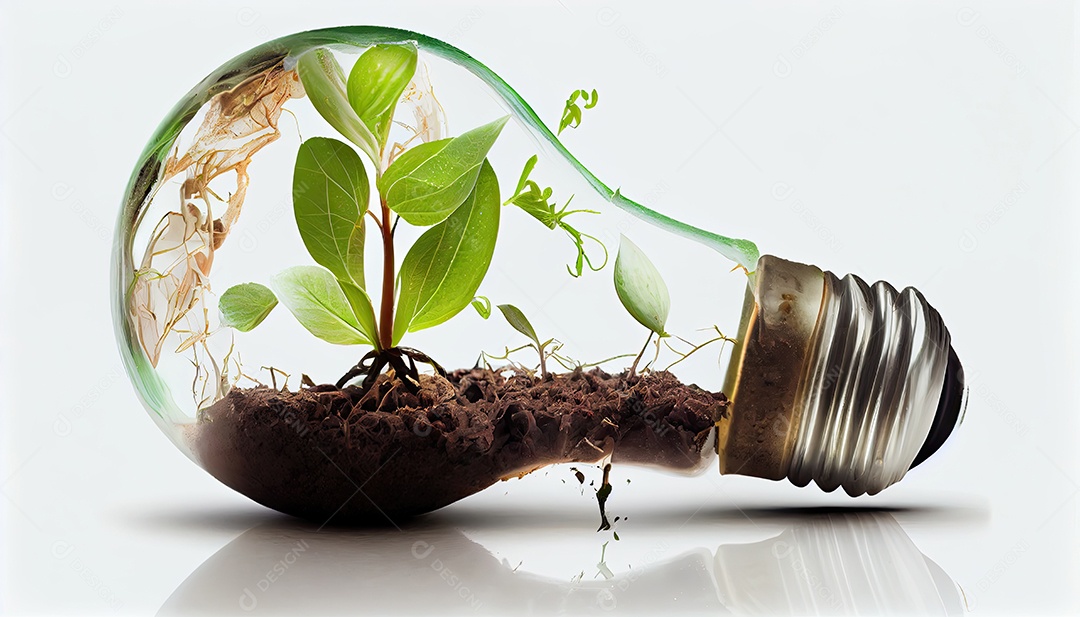 Lâmpada com broto dentro isolado em fundo branco Pequena planta crescendo dentro de uma lâmpada.