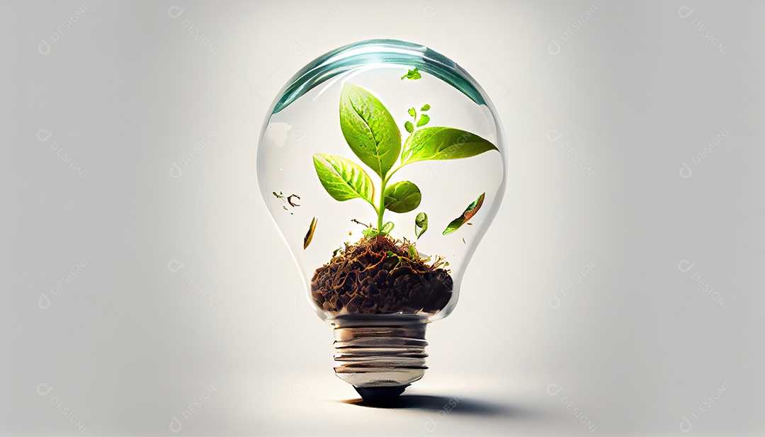 Lâmpada com broto dentro isolado em fundo branco Pequena planta crescendo dentro de uma lâmpada.