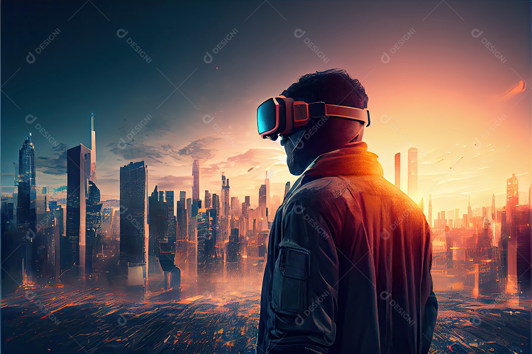 Conceito de metaverso e elementos do mundo virtual. fone de ouvido de realidade virtual.