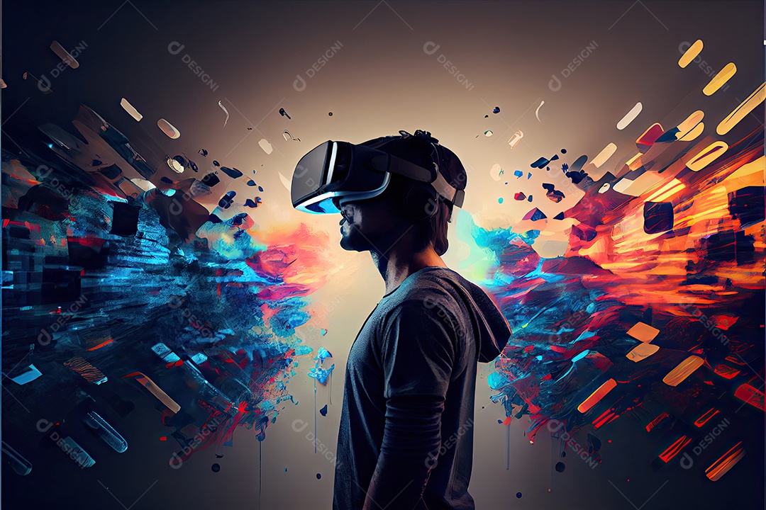 Conceito de metaverso e elementos do mundo virtual. fone de ouvido de realidade virtual.