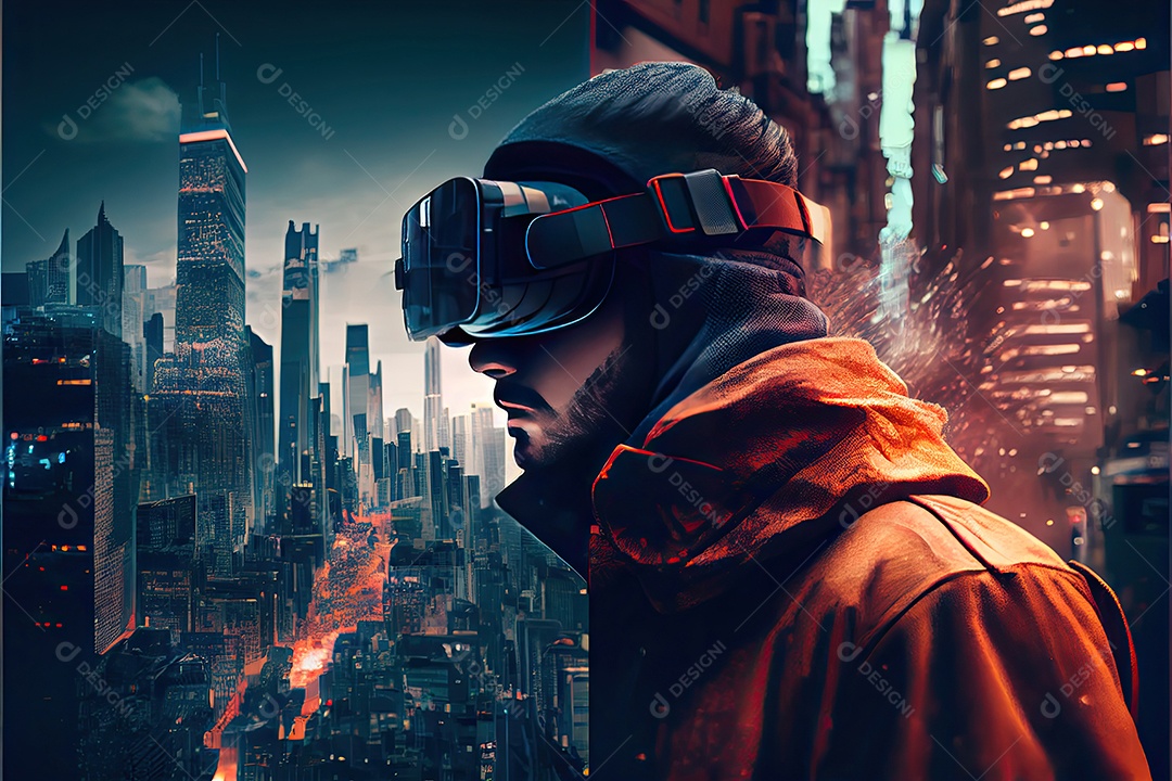 Conceito de metaverso e elementos do mundo virtual. fone de ouvido de realidade virtual.