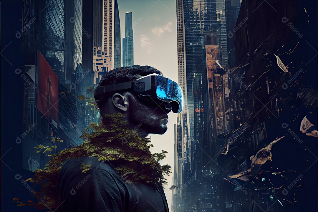 Conceito de metaverso e elementos do mundo virtual. fone de ouvido de realidade virtual.