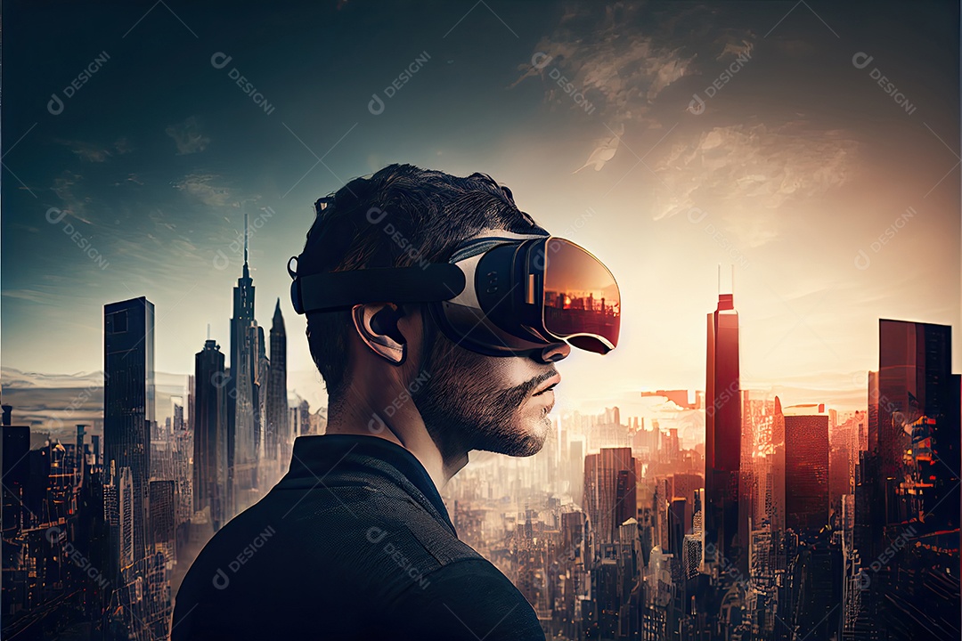 Conceito de metaverso e elementos do mundo virtual. fone de ouvido de realidade virtual.