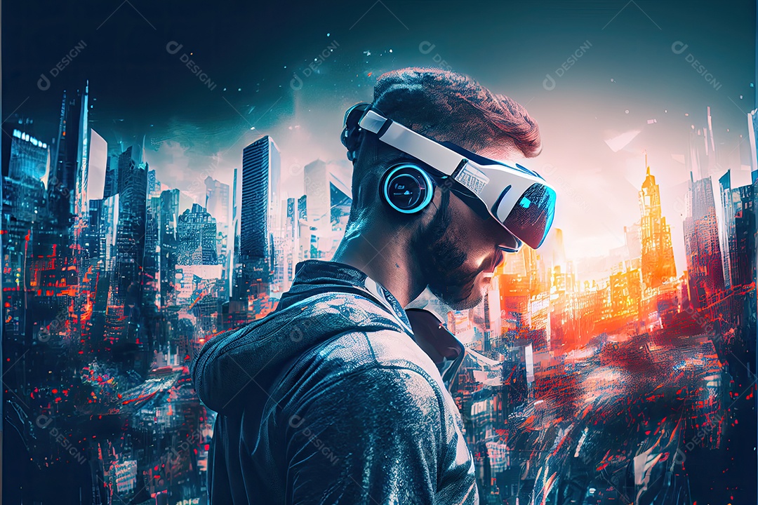 Conceito de metaverso e elementos do mundo virtual. fone de ouvido de realidade virtual.