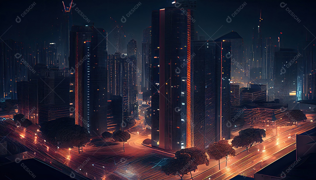 Cidade moderna à noite.