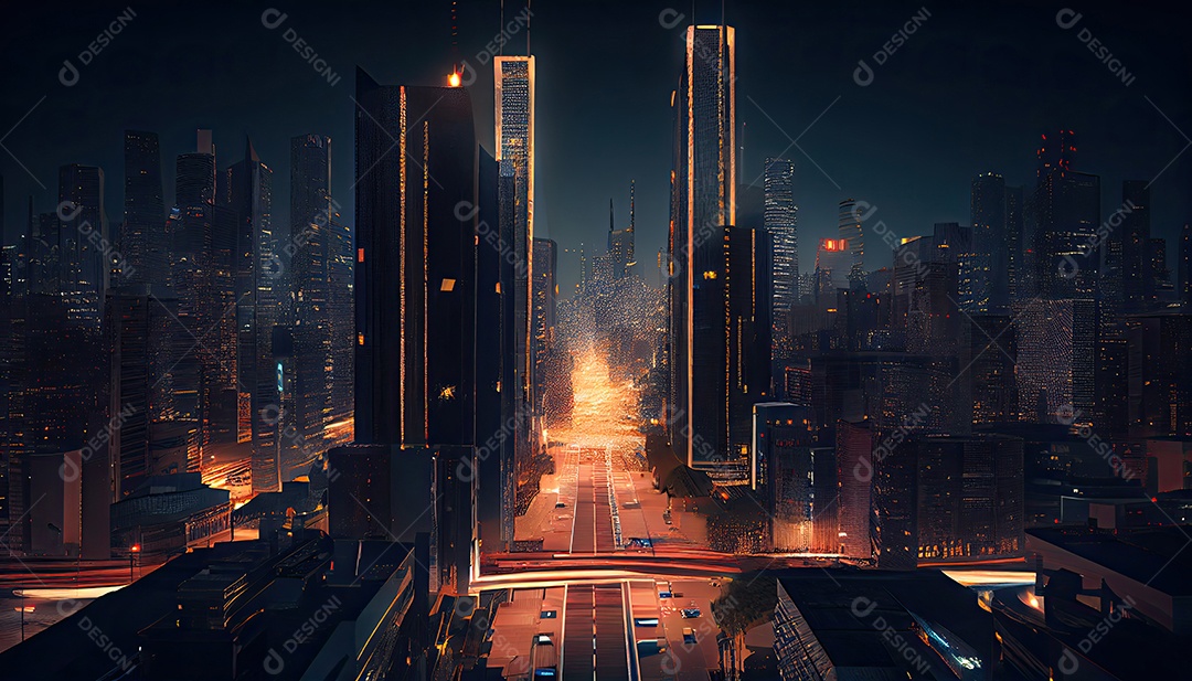 Cidade moderna à noite.