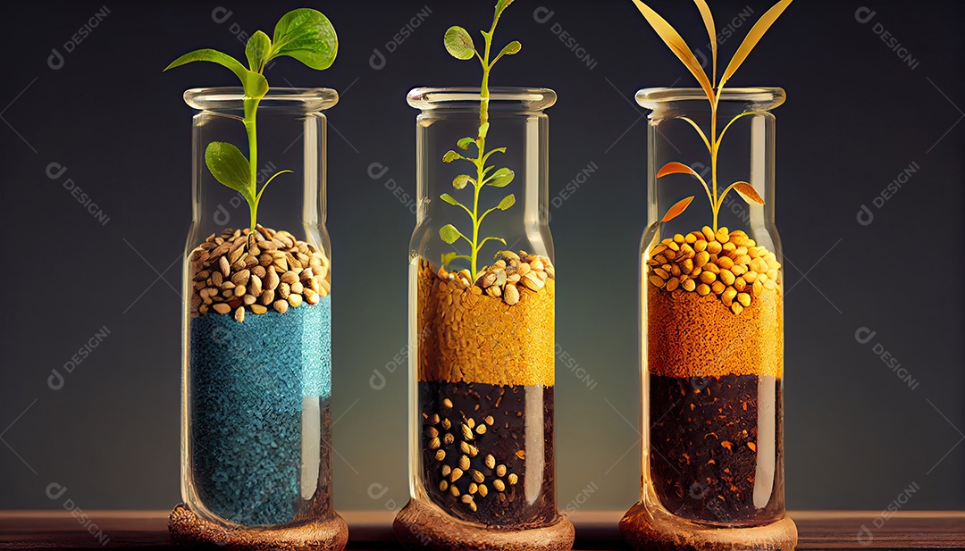 Plante sementes em tubos de ensaio para pesquisa genética. Análise Laboratorial de Commodities Agrícolas.