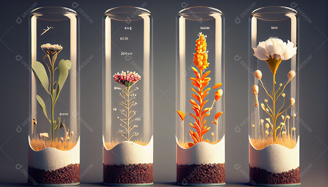 Plante sementes em tubos de ensaio para pesquisa genética. Análise Laboratorial de Commodities Agrícolas.