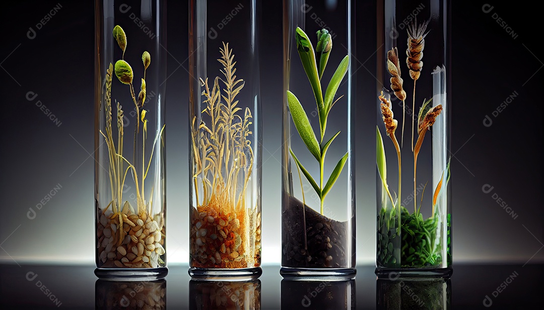 Plante sementes em tubos de ensaio para pesquisa genética. Análise Laboratorial de Commodities Agrícolas.