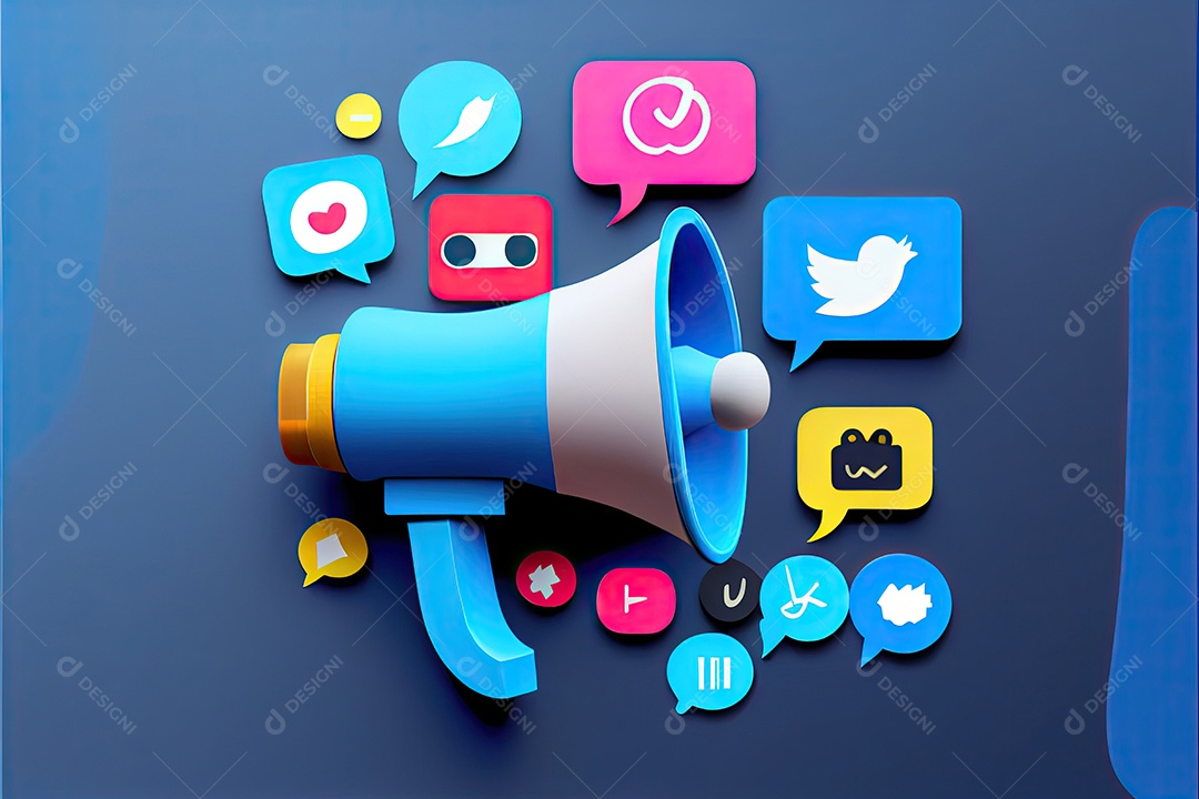 Imagem do artigo do site, design de material, fundo gradiente azul escuro, megafone no lado esquerdo da imagem, ícone de redes sociais.