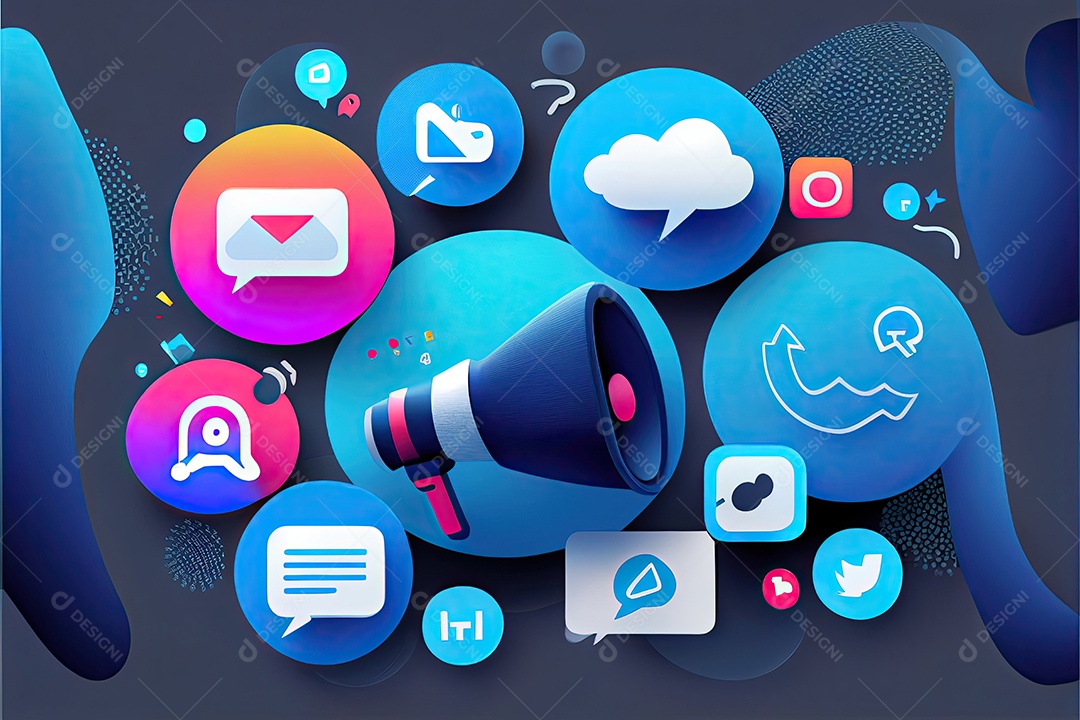 Imagem do artigo do site, design de material, fundo gradiente azul escuro, megafone no lado esquerdo da imagem, ícone de redes sociais.