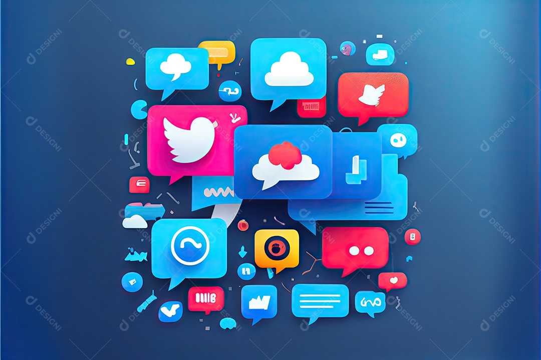 Imagem do artigo do site, design de material, fundo gradiente azul escuro, megafone no lado esquerdo da imagem, ícone de redes sociais.