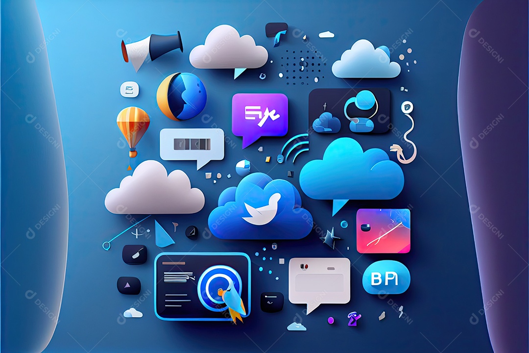 Imagem do artigo do site, design de material, fundo gradiente azul escuro, megafone no lado esquerdo da imagem, ícone de redes sociais.