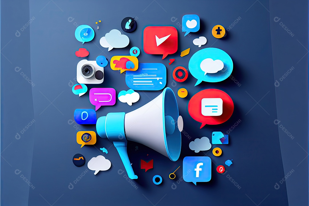Imagem do artigo do site, design de material, fundo gradiente azul escuro, megafone no lado esquerdo da imagem, ícone de redes sociais.