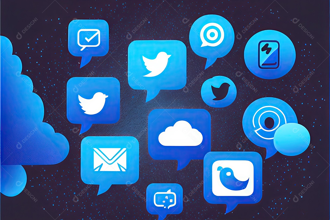 Imagem do artigo do site, design de material, fundo gradiente azul escuro, megafone no lado esquerdo da imagem, ícone de redes sociais.