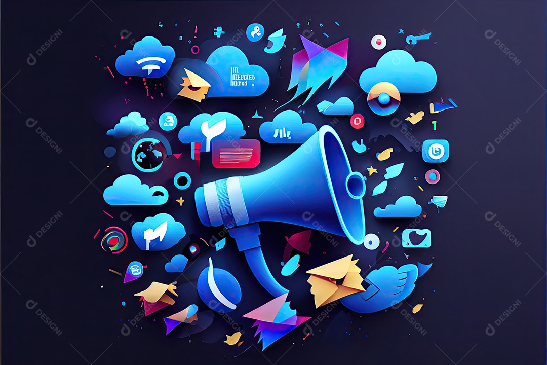 Imagem do artigo do site, design de material, fundo gradiente azul escuro, megafone no lado esquerdo da imagem, ícone de redes sociais.