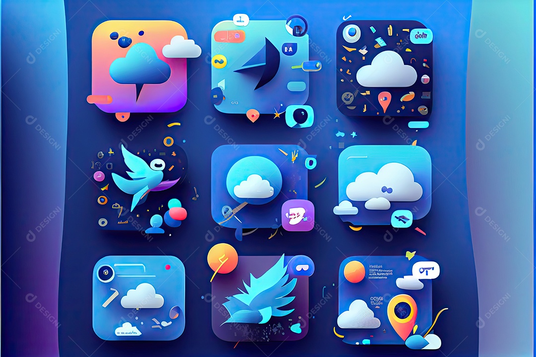 Imagem do artigo do site, design de material, fundo gradiente azul escuro, megafone no lado esquerdo da imagem, ícone de redes sociais.