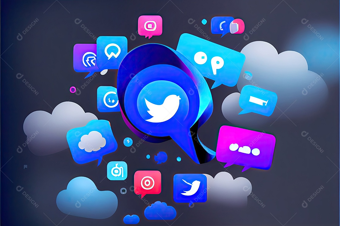 Imagem do artigo do site, design de material, fundo gradiente azul escuro, megafone no lado esquerdo da imagem, ícone de redes sociais.