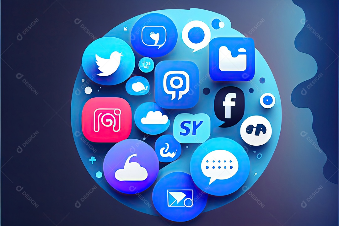 Imagem do artigo do site, design de material, fundo gradiente azul escuro, megafone no lado esquerdo da imagem, ícone de redes sociais.