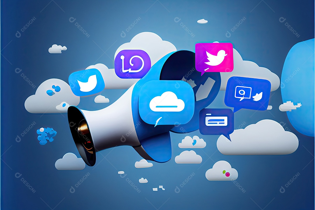 Imagem do artigo do site, design de material, fundo gradiente azul escuro, megafone no lado esquerdo da imagem, ícone de redes sociais.