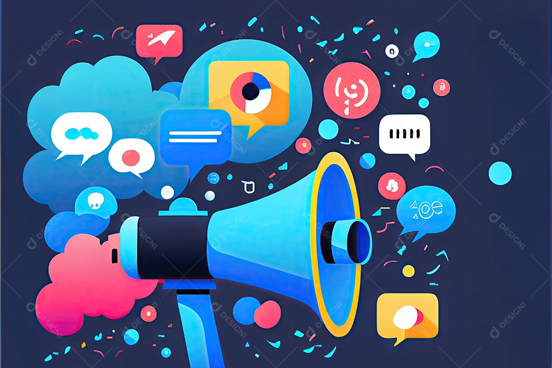 Imagem do artigo do site, design de material, fundo gradiente azul escuro, megafone no lado esquerdo da imagem, ícone de redes sociais.