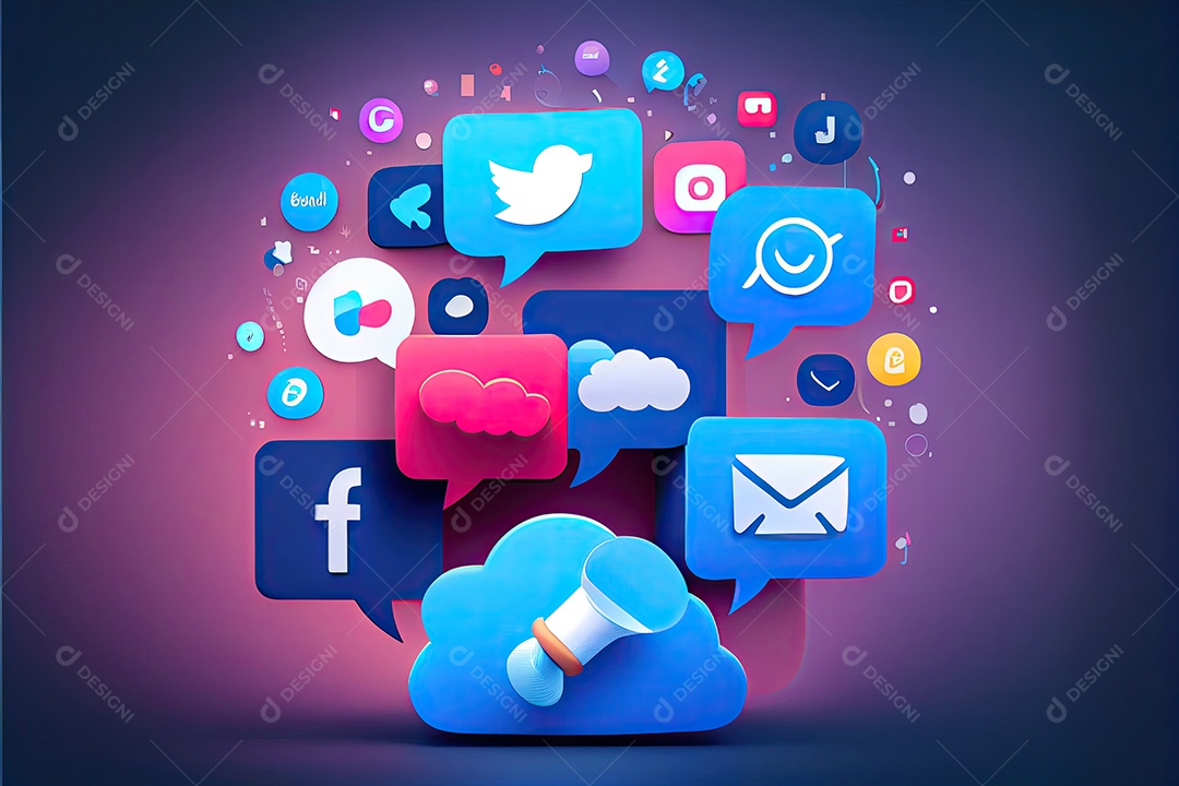 Imagem do artigo do site, design de material, fundo gradiente azul escuro, megafone no lado esquerdo da imagem, ícone de redes sociais.