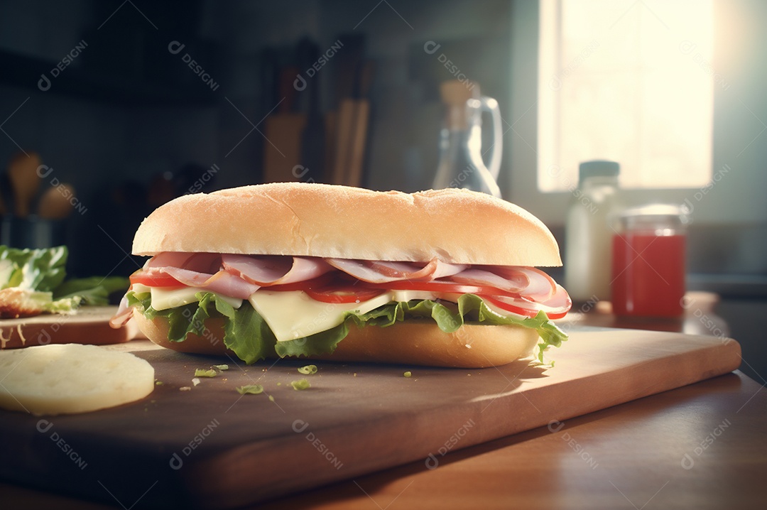 Sanduíche caseiro de baguete submarina com presunto, queijo, bacon, tomate, alface, pepino e cebola.