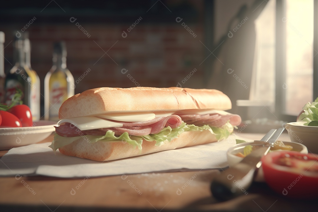 Sanduíche caseiro de baguete submarina com presunto, queijo, bacon, tomate, alface, pepino e cebola.