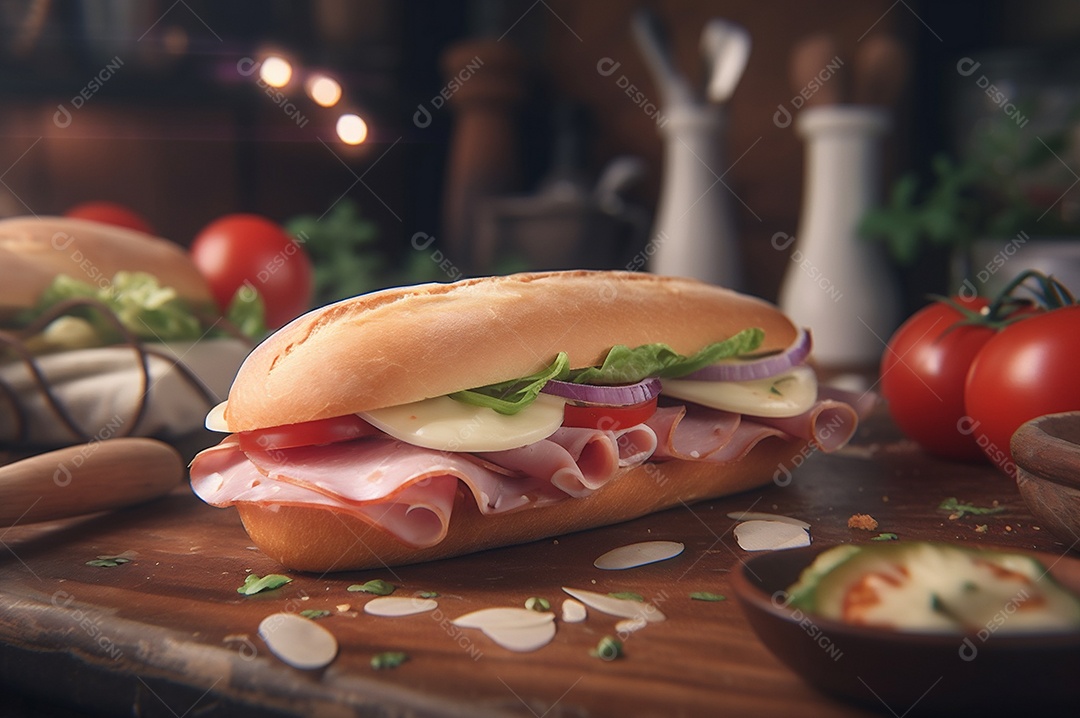 Sanduíche caseiro de baguete submarina com presunto, queijo, bacon, tomate, alface, pepino e cebola.