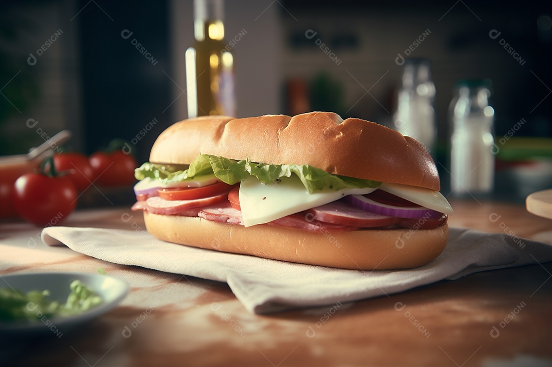 Sanduíche caseiro de baguete submarina com presunto, queijo, bacon, tomate, alface, pepino e cebola.