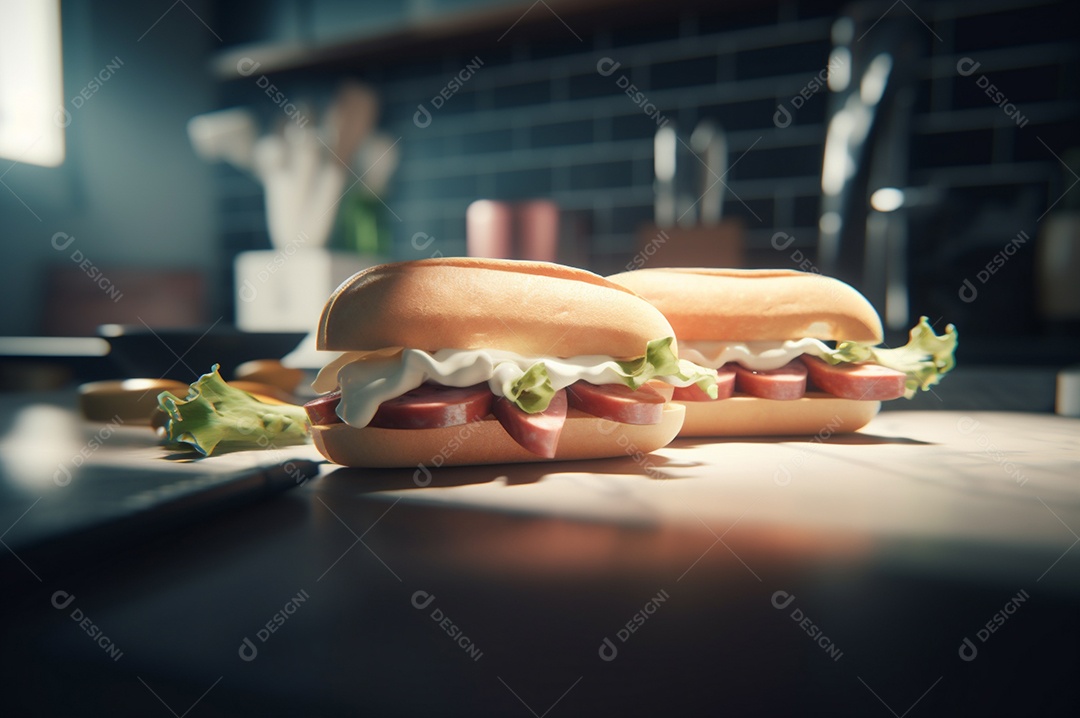 Sanduíche caseiro de baguete submarina com presunto, queijo, bacon, tomate, alface, pepino e cebola.