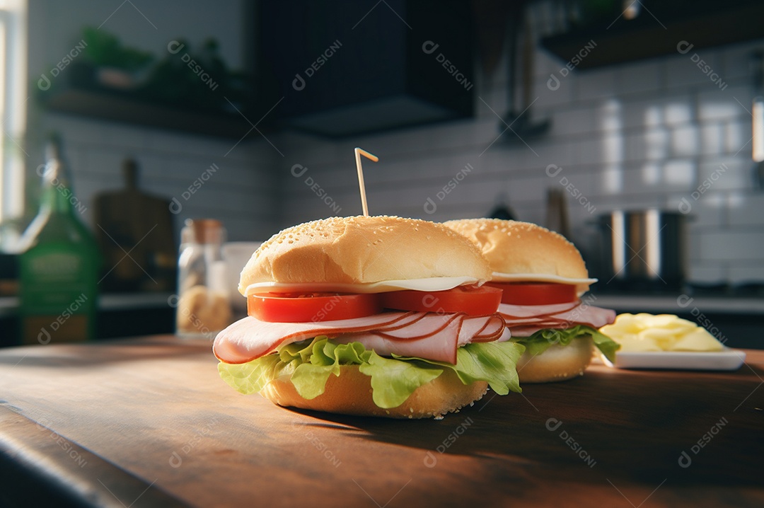 Sanduíche caseiro de baguete submarina com presunto, queijo, bacon, tomate, alface, pepino e cebola.