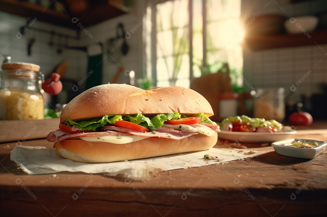 Sanduíche caseiro de baguete submarina com presunto, queijo, bacon, tomate, alface, pepino e cebola.