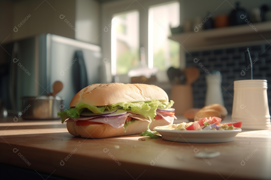 Sanduíche caseiro de baguete submarina com presunto, queijo, bacon, tomate, alface, pepino e cebola.