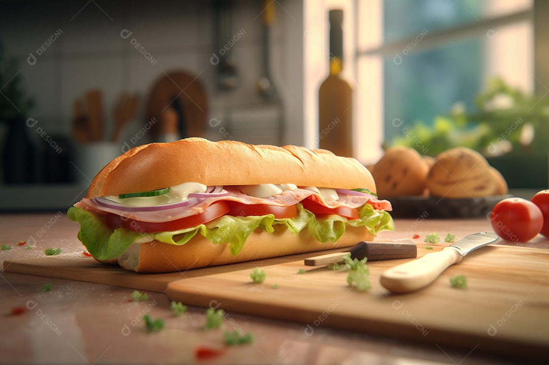 Sanduíche caseiro de baguete submarina com presunto, queijo, bacon, tomate, alface, pepino e cebola.