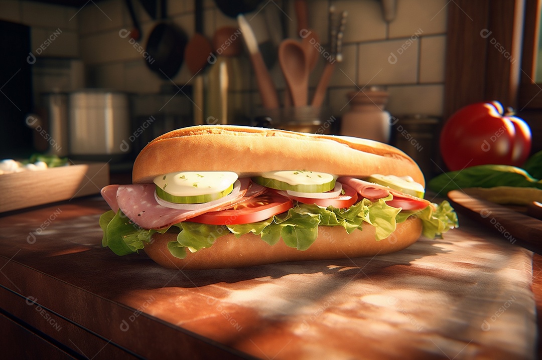 Sanduíche caseiro de baguete submarina com presunto, queijo, bacon, tomate, alface, pepino e cebola.