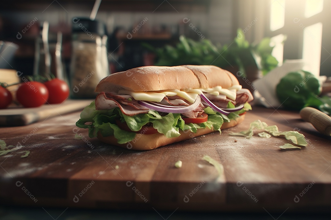 Sanduíche caseiro de baguete submarina com presunto, queijo, bacon, tomate, alface, pepino e cebola.