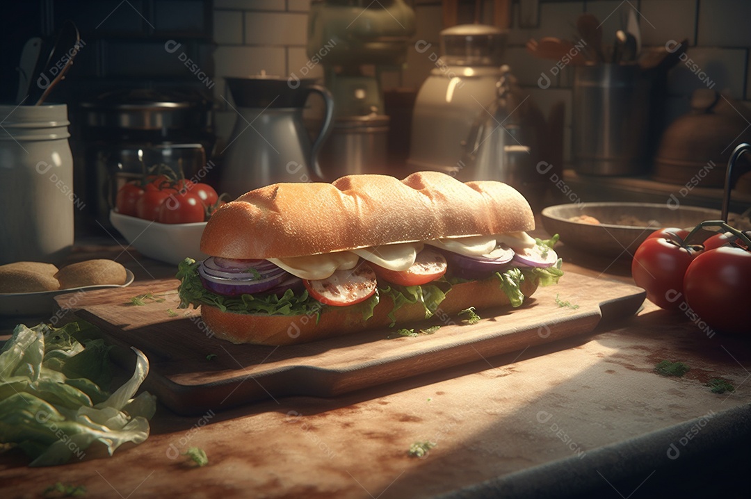 Sanduíche caseiro de baguete submarina com presunto, queijo, bacon, tomate, alface, pepino e cebola.