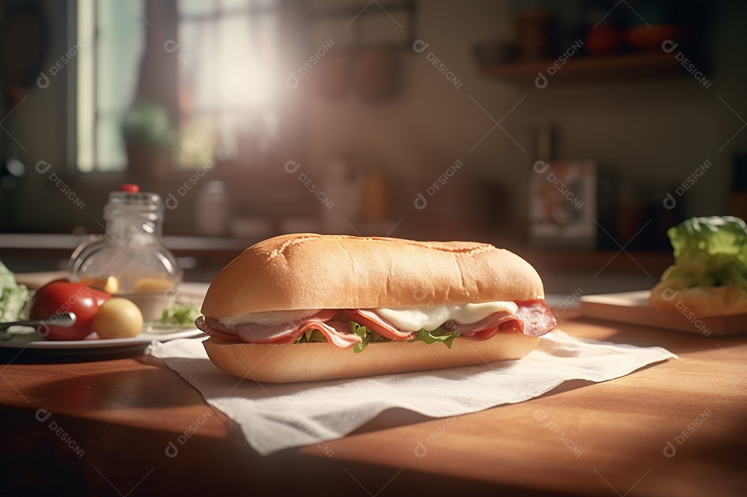 Sanduíche caseiro de baguete submarina com presunto, queijo, bacon, tomate, alface, pepino e cebola.