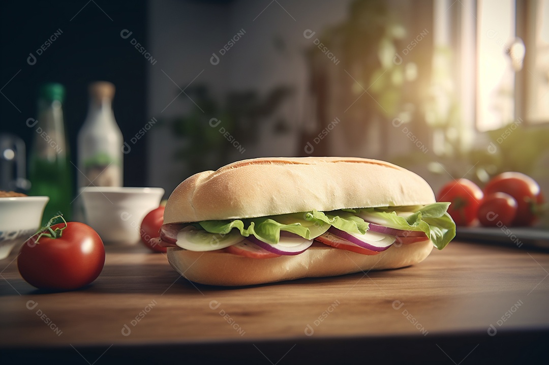 Sanduíche caseiro de baguete submarina com presunto, queijo, bacon, tomate, alface, pepino e cebola.