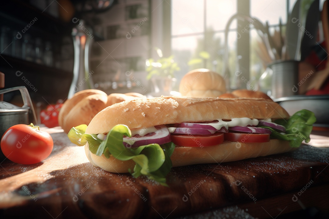 Sanduíche caseiro de baguete submarina com presunto, queijo, bacon, tomate, alface, pepino e cebola.