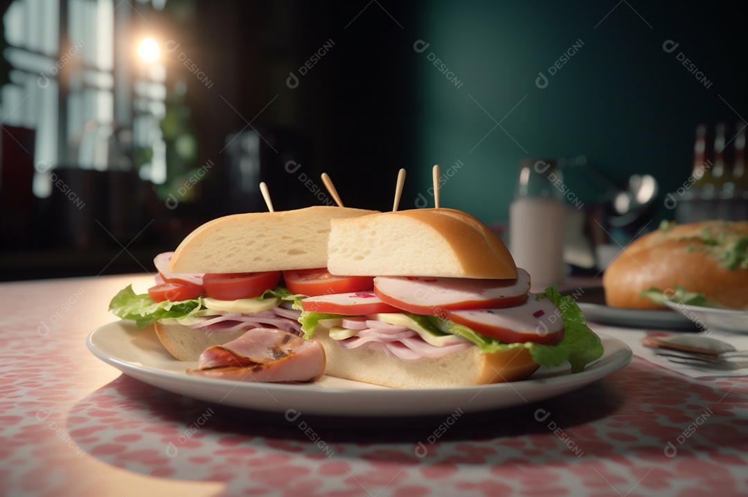 Sanduíche caseiro de baguete submarina com presunto, queijo, bacon, tomate, alface, pepino e cebola.