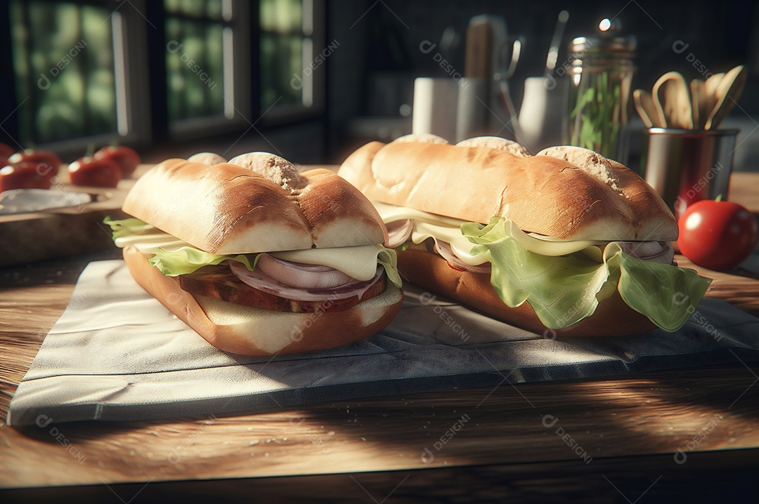 Sanduíche caseiro de baguete submarina com presunto, queijo, bacon, tomate, alface, pepino e cebola.