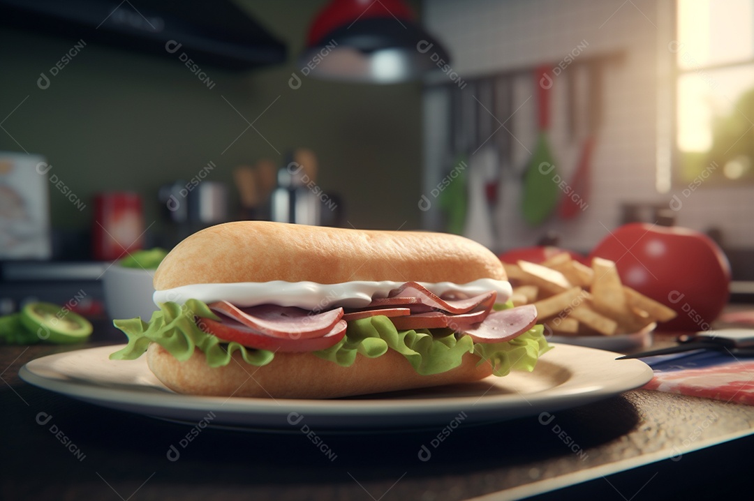 Sanduíche caseiro de baguete submarina com presunto, queijo, bacon, tomate, alface, pepino e cebola.