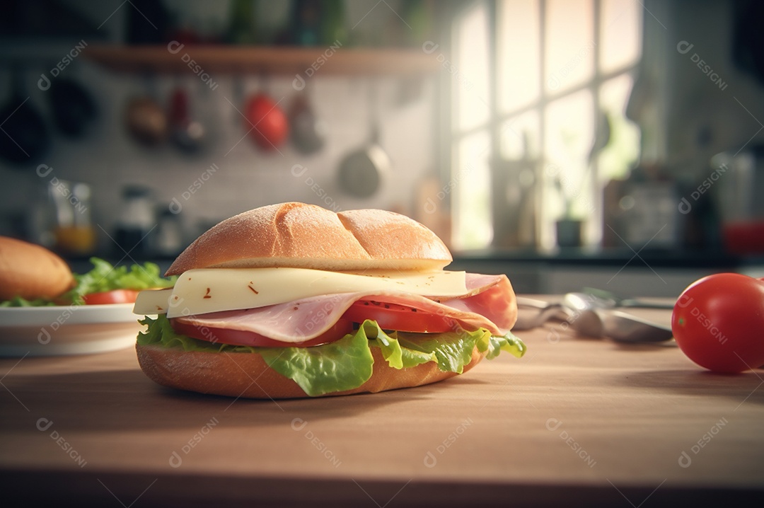 Sanduíche caseiro de baguete submarina com presunto, queijo, bacon, tomate, alface, pepino e cebola.