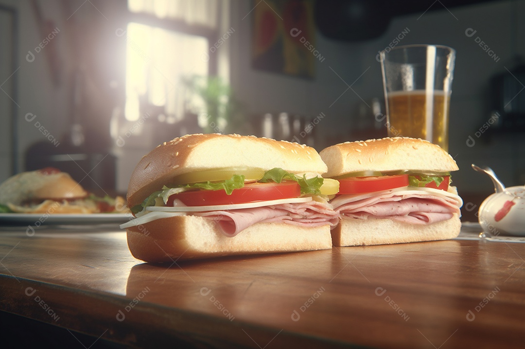 Sanduíche caseiro de baguete submarina com presunto, queijo, bacon, tomate, alface, pepino e cebola.